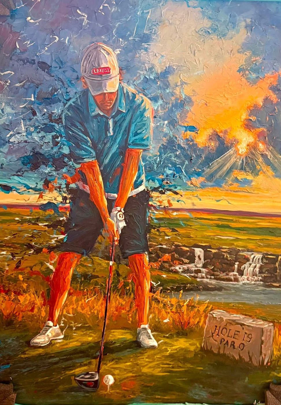 Painting of Ben Longley mid-swing on a golf course, by Andrew Viera